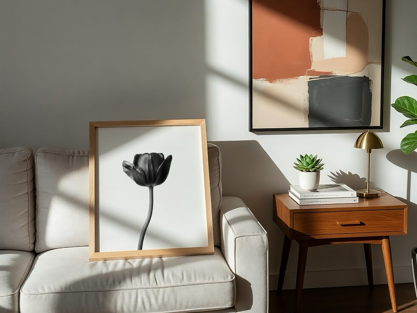 Black tulip flower wall decor with minimalist monochrome style on white background