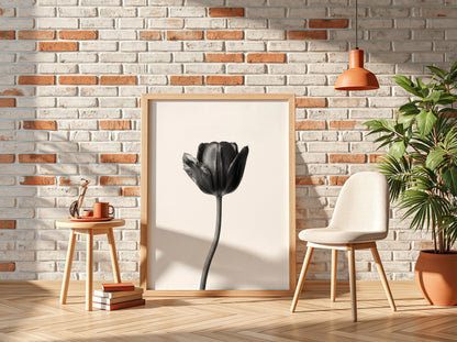 Black tulip flower wall decor with minimalist monochrome style on white background