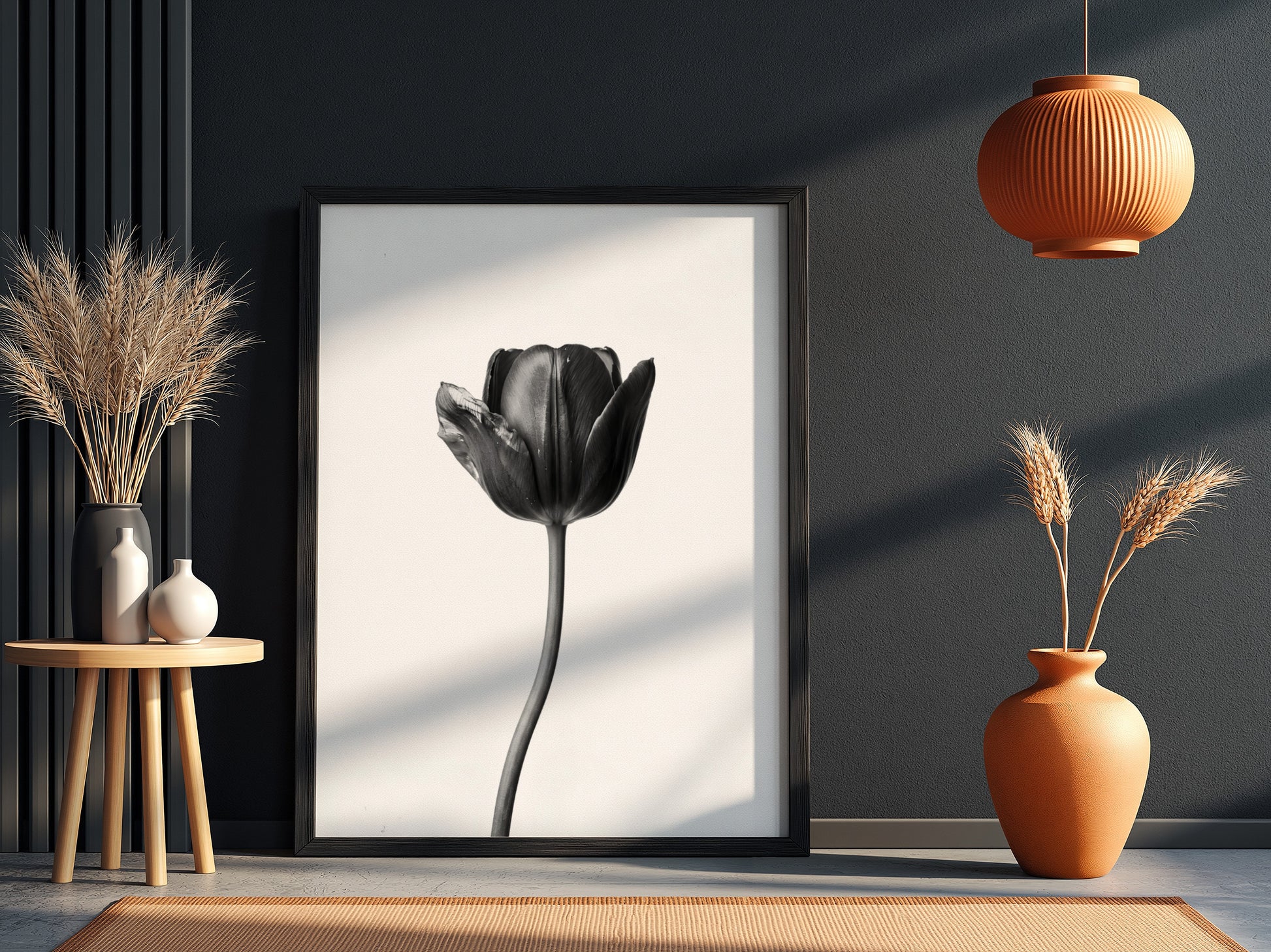 Black tulip flower wall decor with minimalist monochrome style on white background