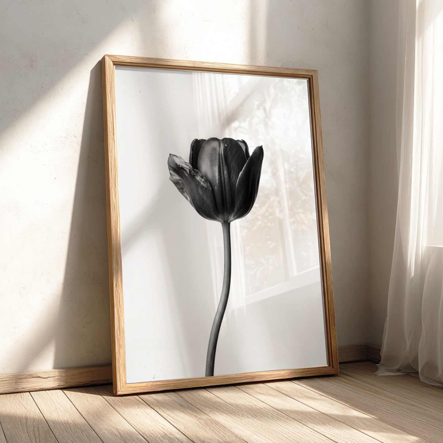 Black tulip flower wall decor with minimalist monochrome style on white background