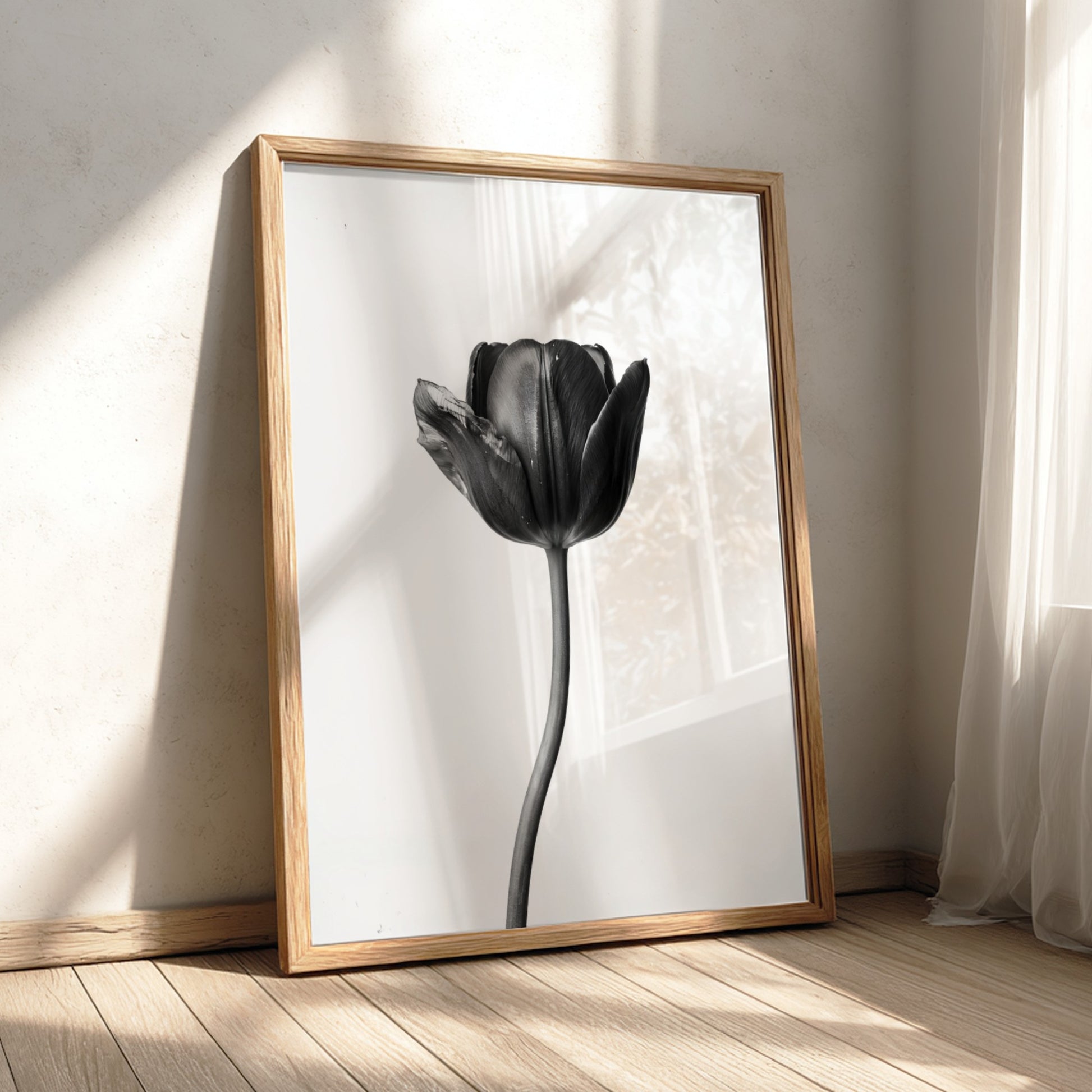 Black tulip flower wall decor with minimalist monochrome style on white background