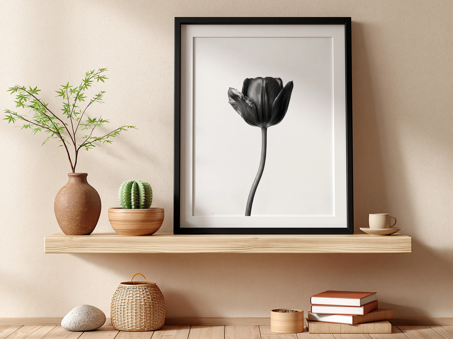 Black tulip flower wall decor with minimalist monochrome style on white background