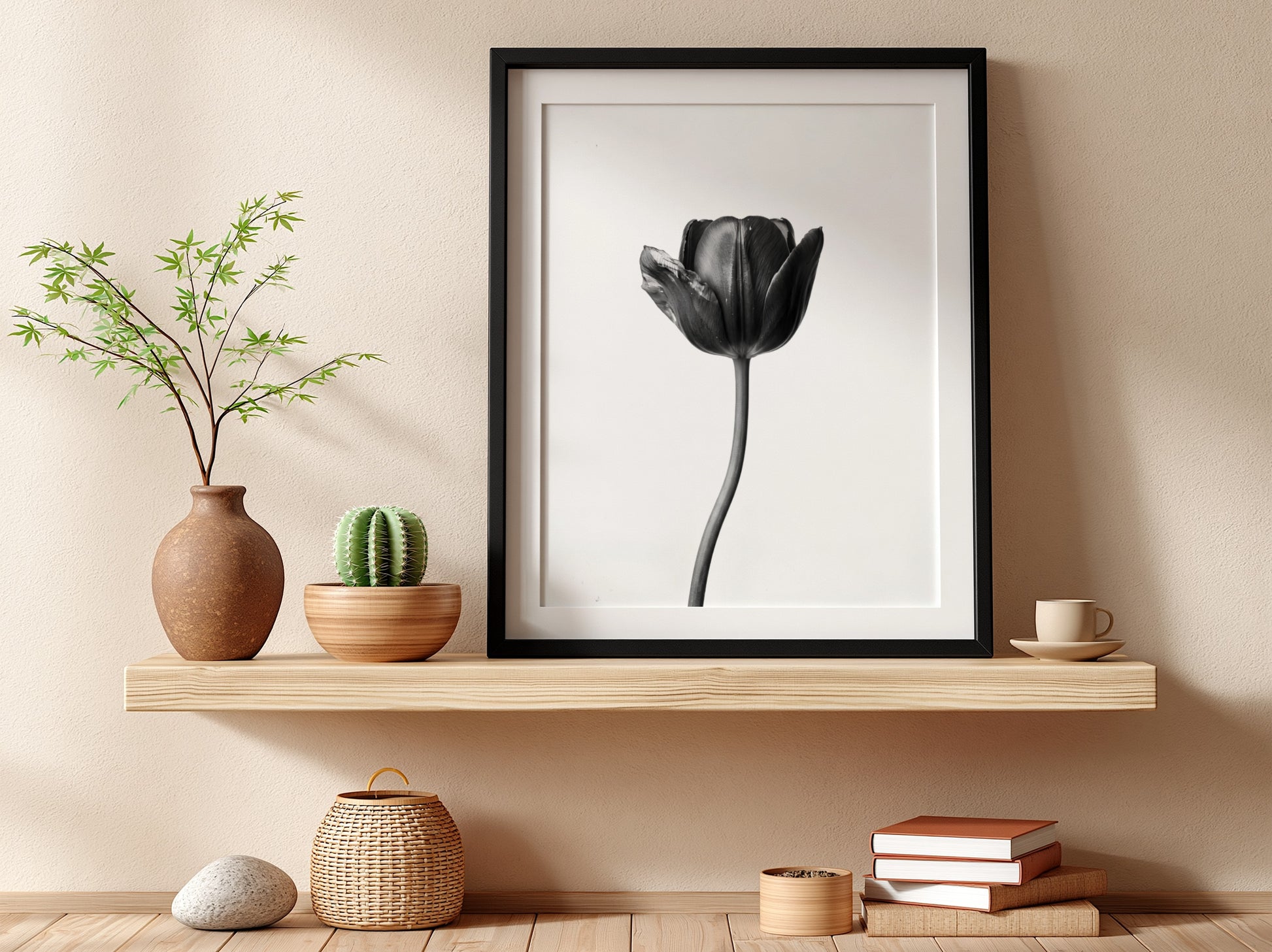 Black tulip flower wall decor with minimalist monochrome style on white background