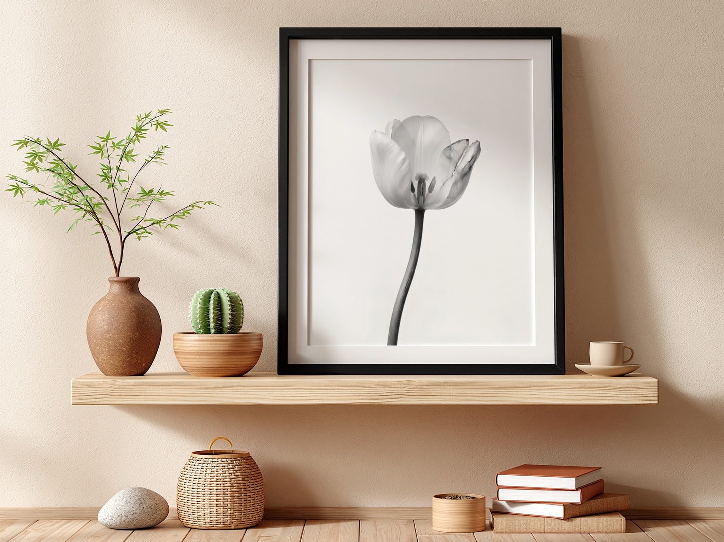 Wall decor poster featuring a monochrome tulip stem on white background with soft shadows