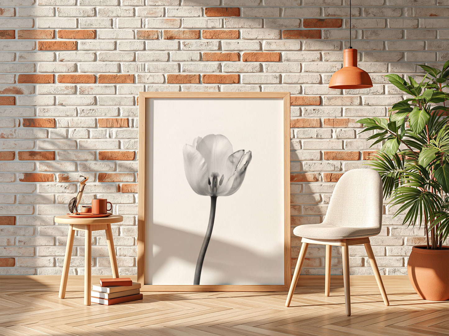 Wall decor poster featuring a monochrome tulip stem on white background with soft shadows
