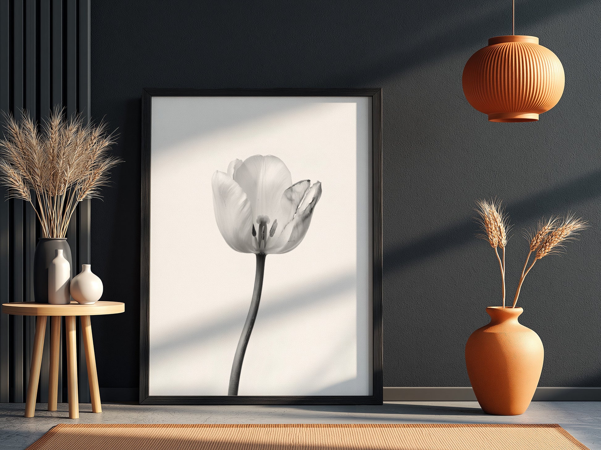 Wall decor poster featuring a monochrome tulip stem on white background with soft shadows