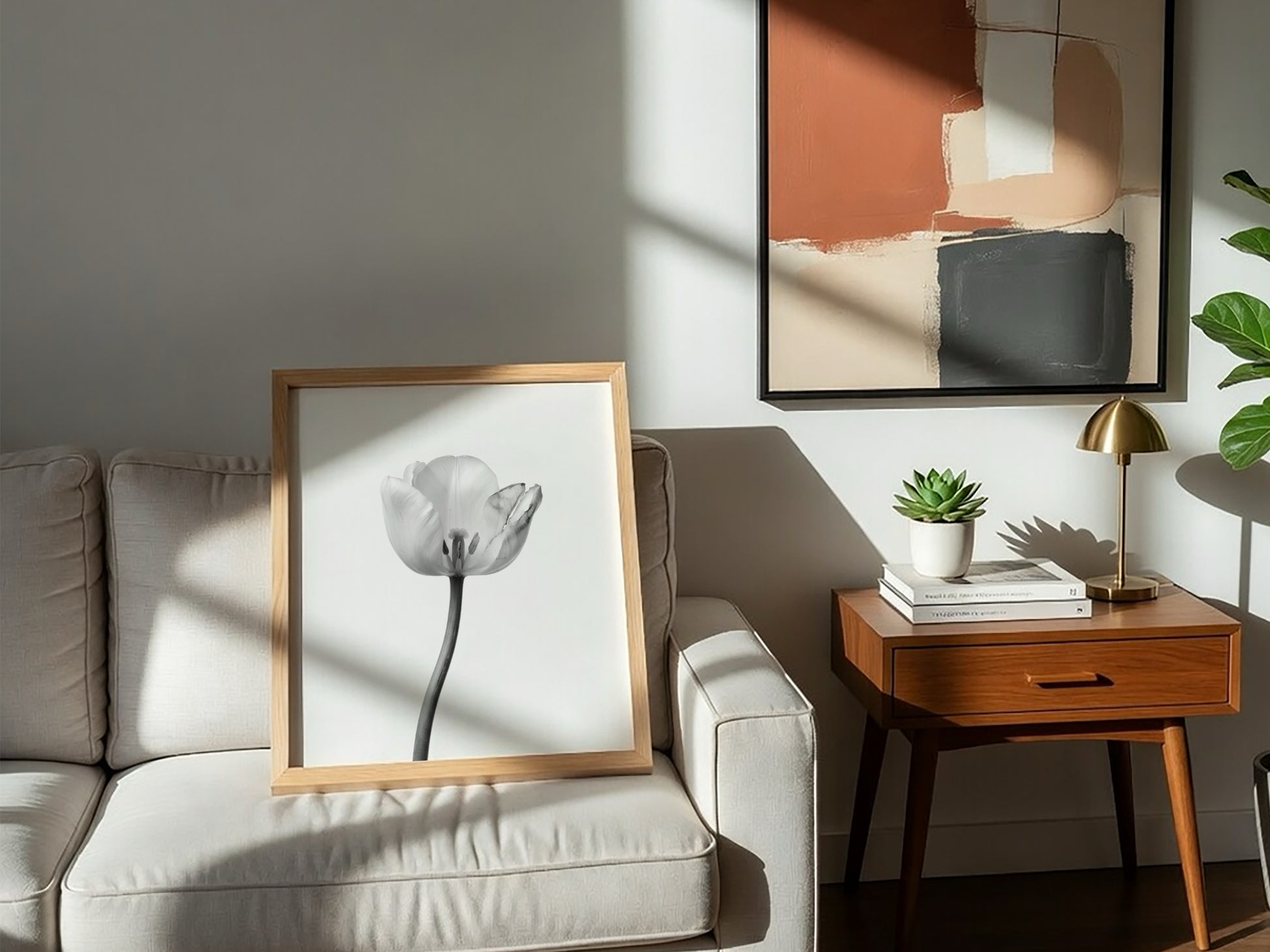 Wall decor poster featuring a monochrome tulip stem on white background with soft shadows