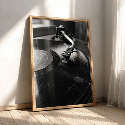 photographic wall decor showing black and white close-up of turntable needle on vinyl record