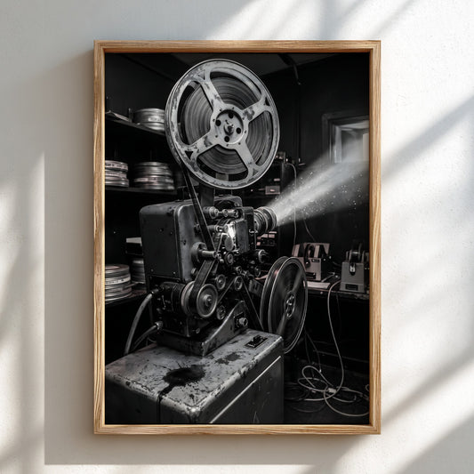 Vintage film projector poster in black-and-white showing detailed mechanical parts and projection beam