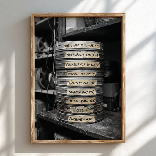Wall decor featuring vintage film reels stacked on a shelf with classic movie labels in black and white