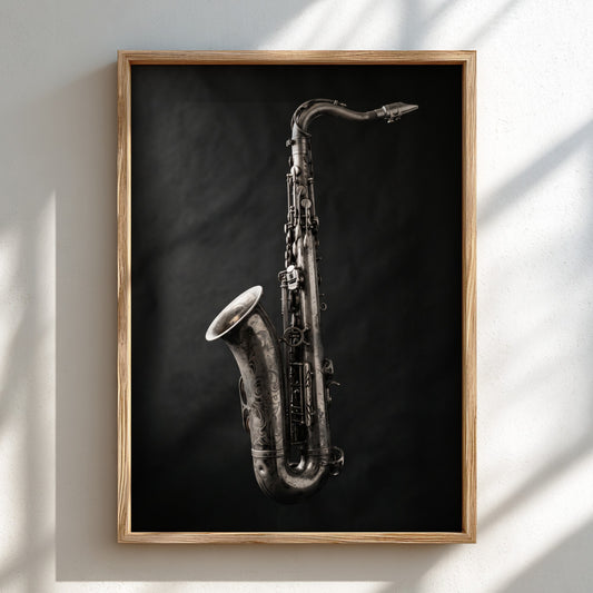 Vintage saxophone wall decor poster with dark background and detailed metallic textures