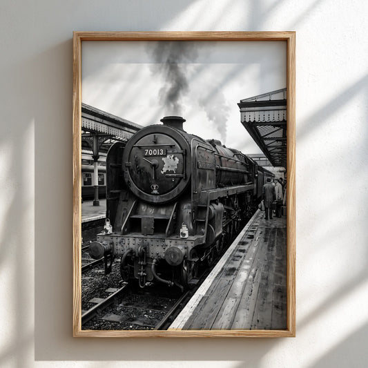 Vintage steam locomotive poster in black and white showing train 70013 at station platform