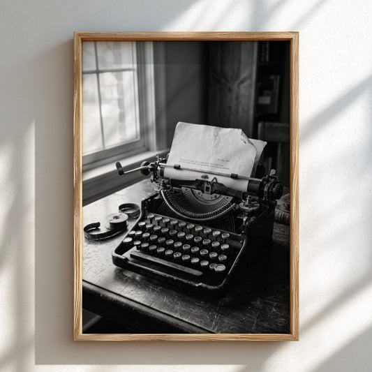Vintage typewriter wall decor in black and white with retro writing desk and window light