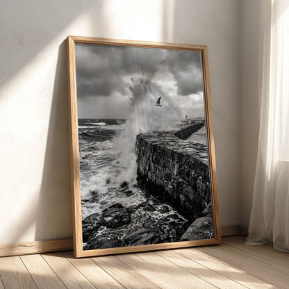 Black and white poster of waves crashing against rugged stone wall under cloudy sky with seagull flying