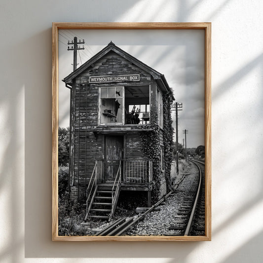 Black and white poster of weathered Weymouth signal box beside railway tracks with rustic textures