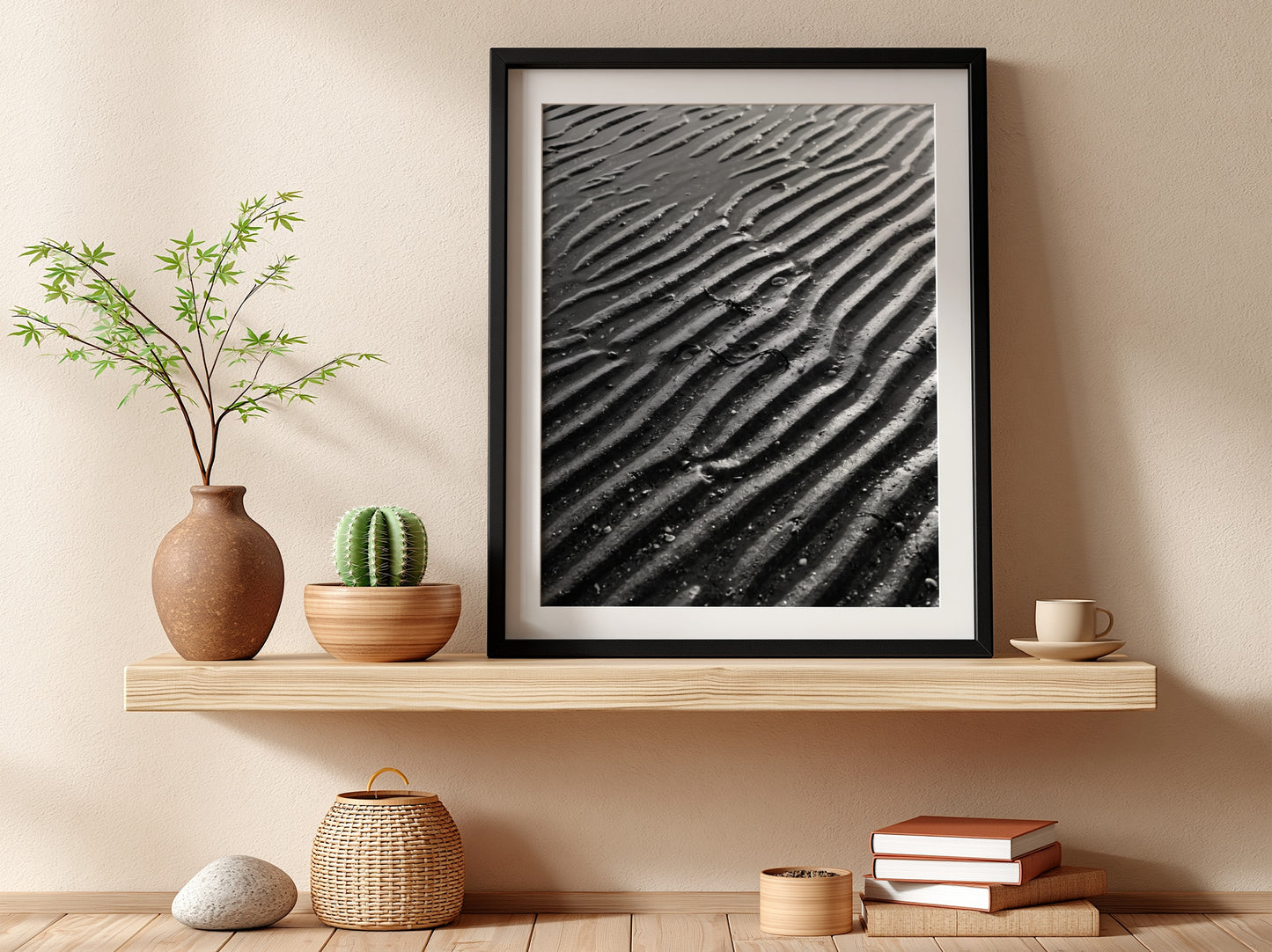 Poster of wet sand at low tide with black and gray rippled patterns and textured surface