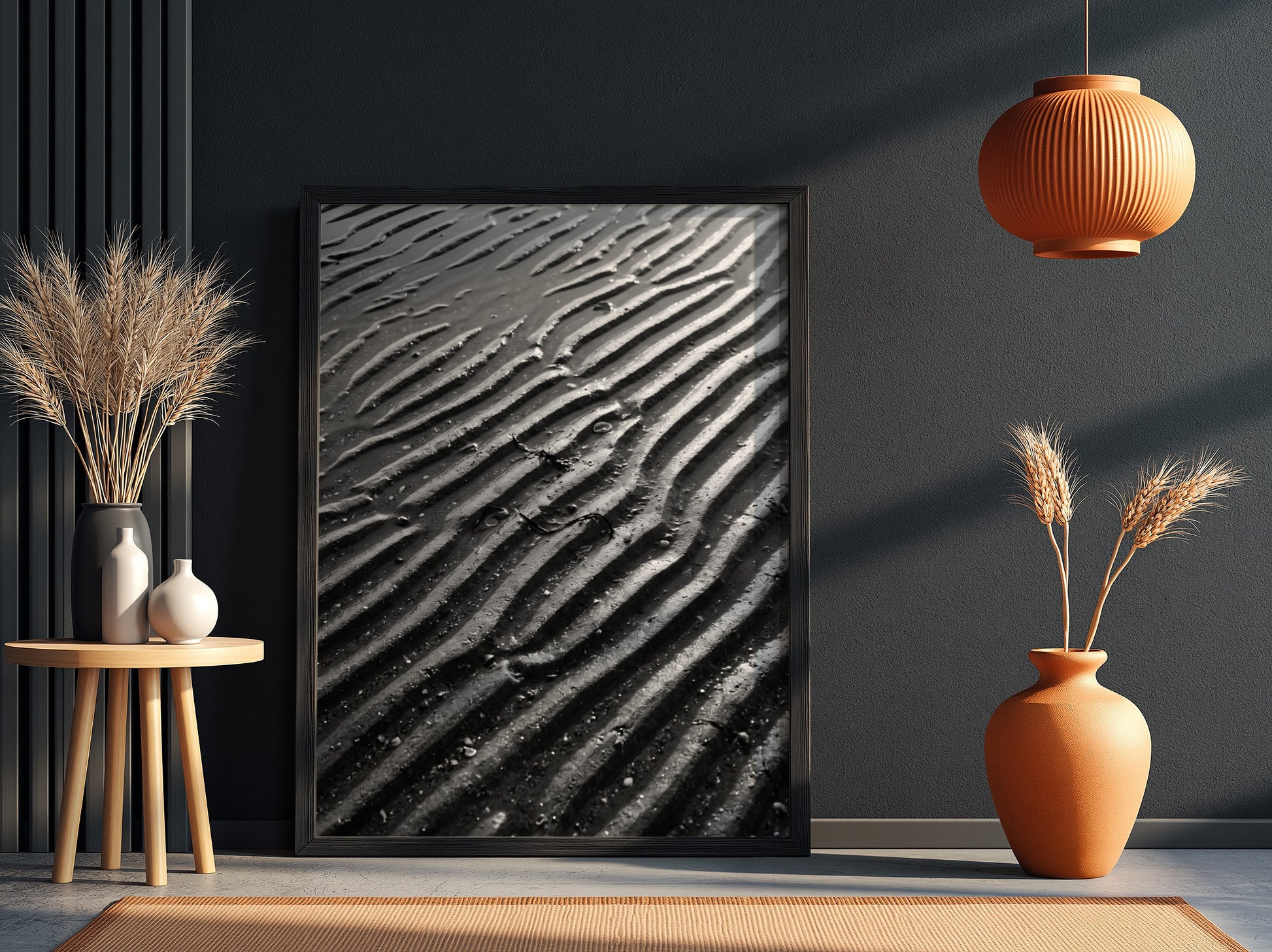 Poster of wet sand at low tide with black and gray rippled patterns and textured surface