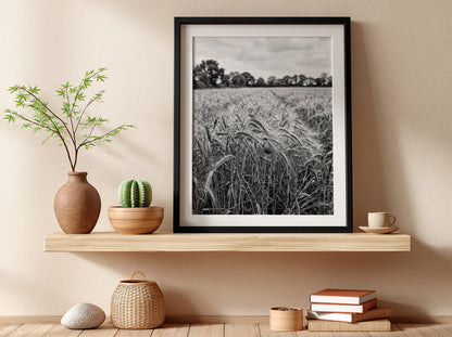 Black and white poster of wheat field with tall stalks swaying and trees in background