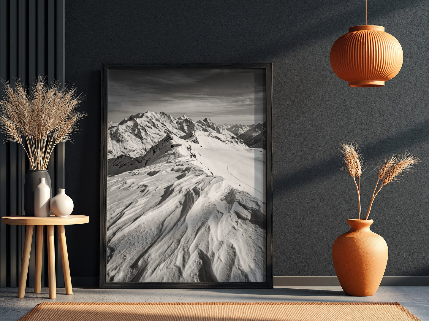 Photographic wall decor of black and white wind sculpted snow ridge with alpine mountains and textured snow