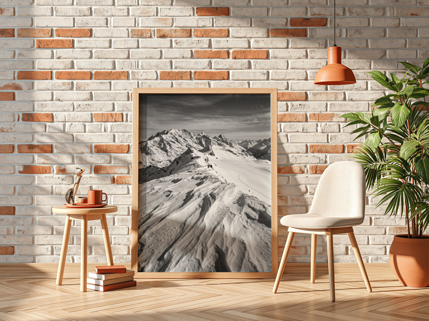Photographic wall decor of black and white wind sculpted snow ridge with alpine mountains and textured snow