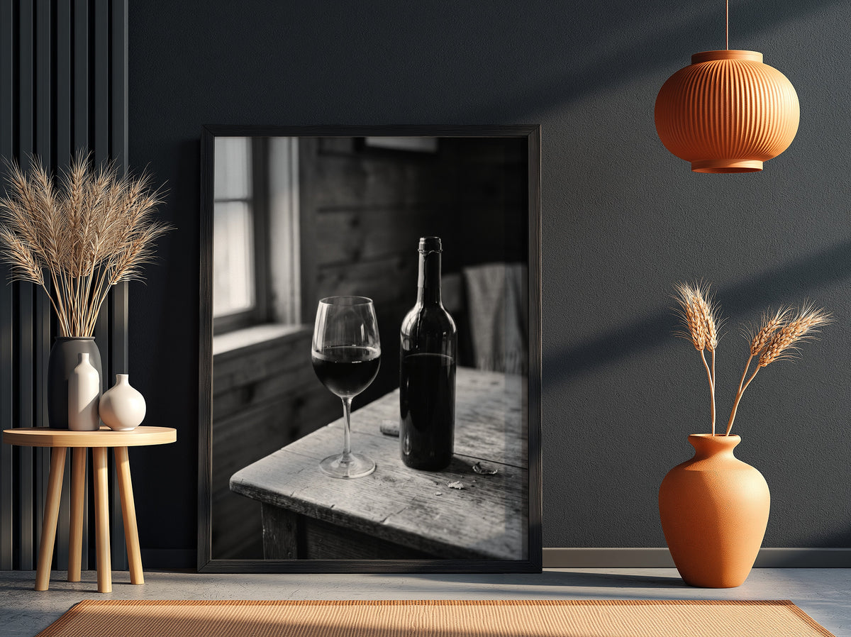 Wall decor poster showing black and white wine bottle and glass on rustic wooden table with soft window light