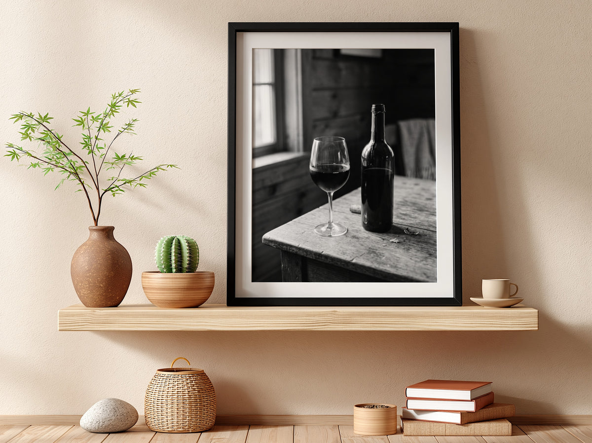 Wall decor poster showing black and white wine bottle and glass on rustic wooden table with soft window light