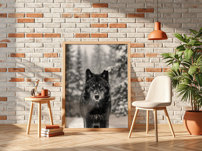 black and white wall decor featuring wolf staring into camera snowy forest background