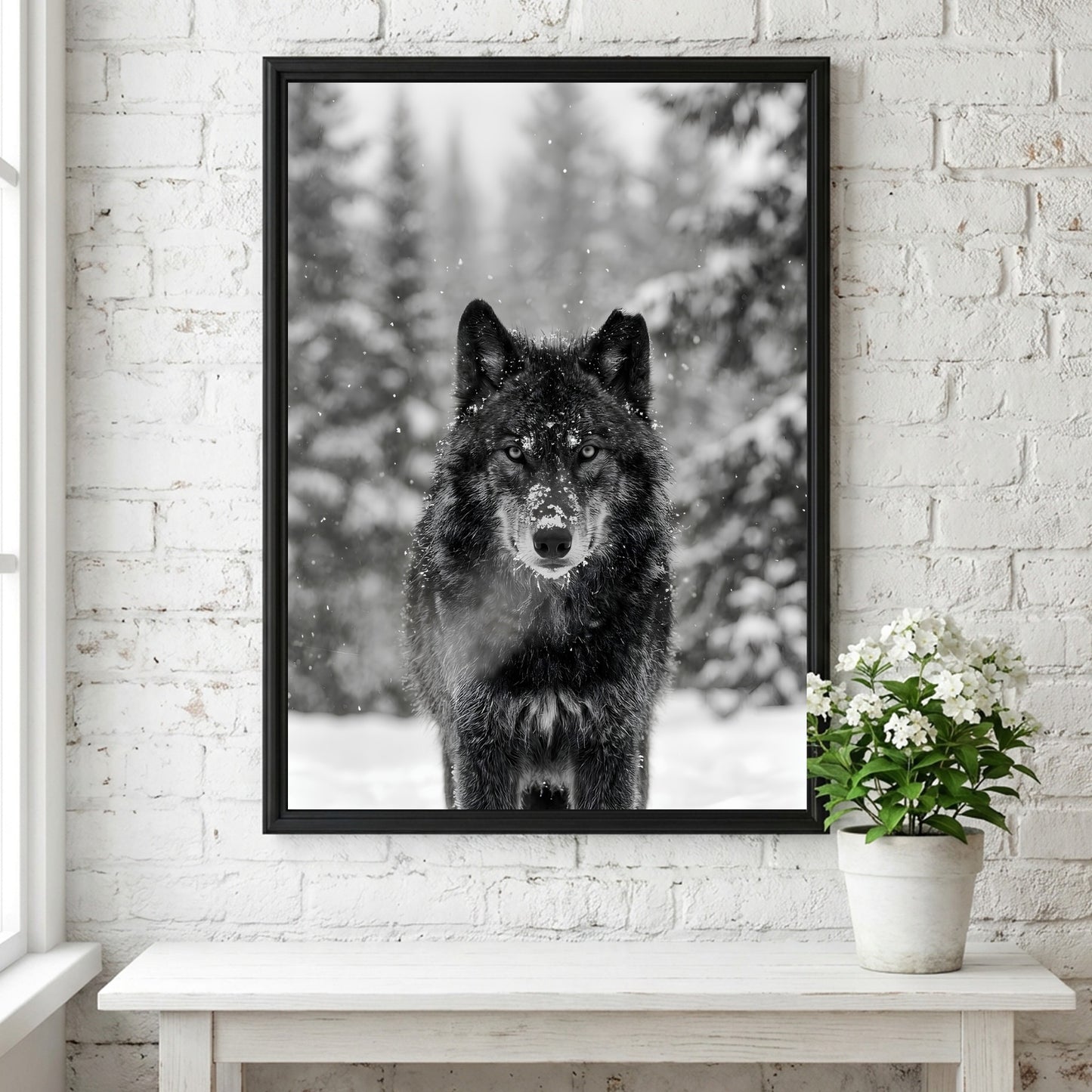 black and white wall decor featuring wolf staring into camera snowy forest background