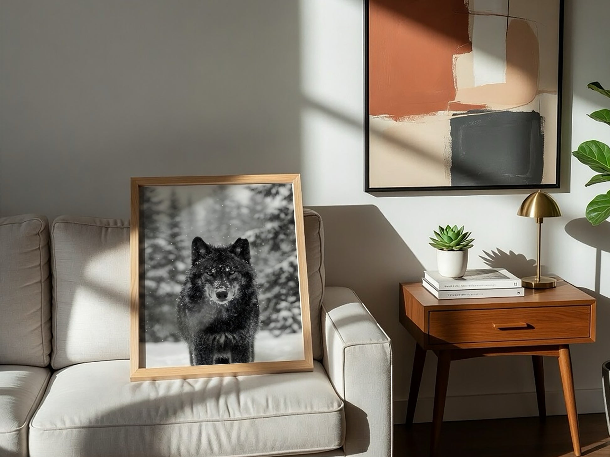 black and white wall decor featuring wolf staring into camera snowy forest background