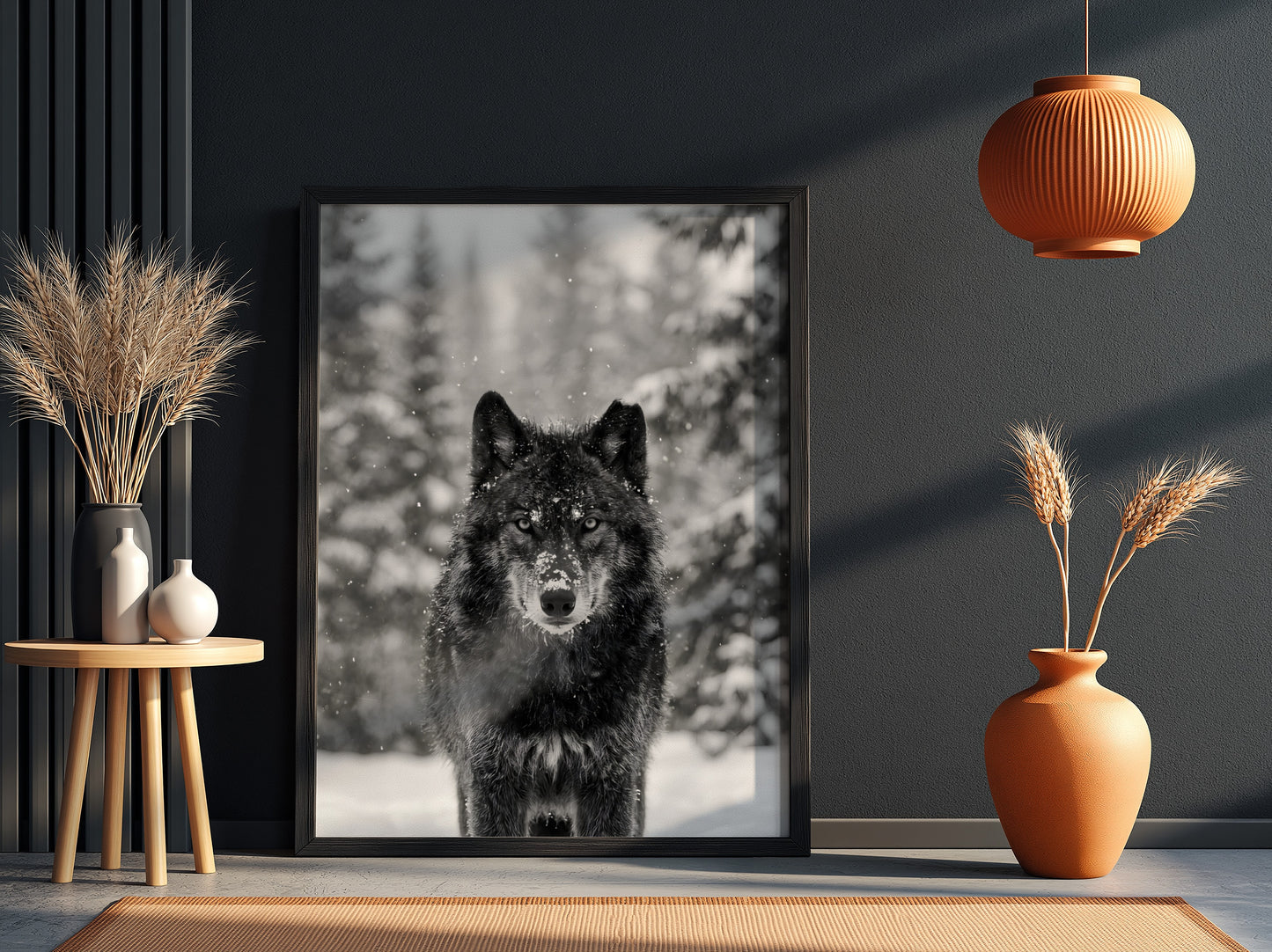 black and white wall decor featuring wolf staring into camera snowy forest background