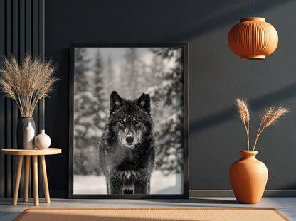 black and white wall decor featuring wolf staring into camera snowy forest background