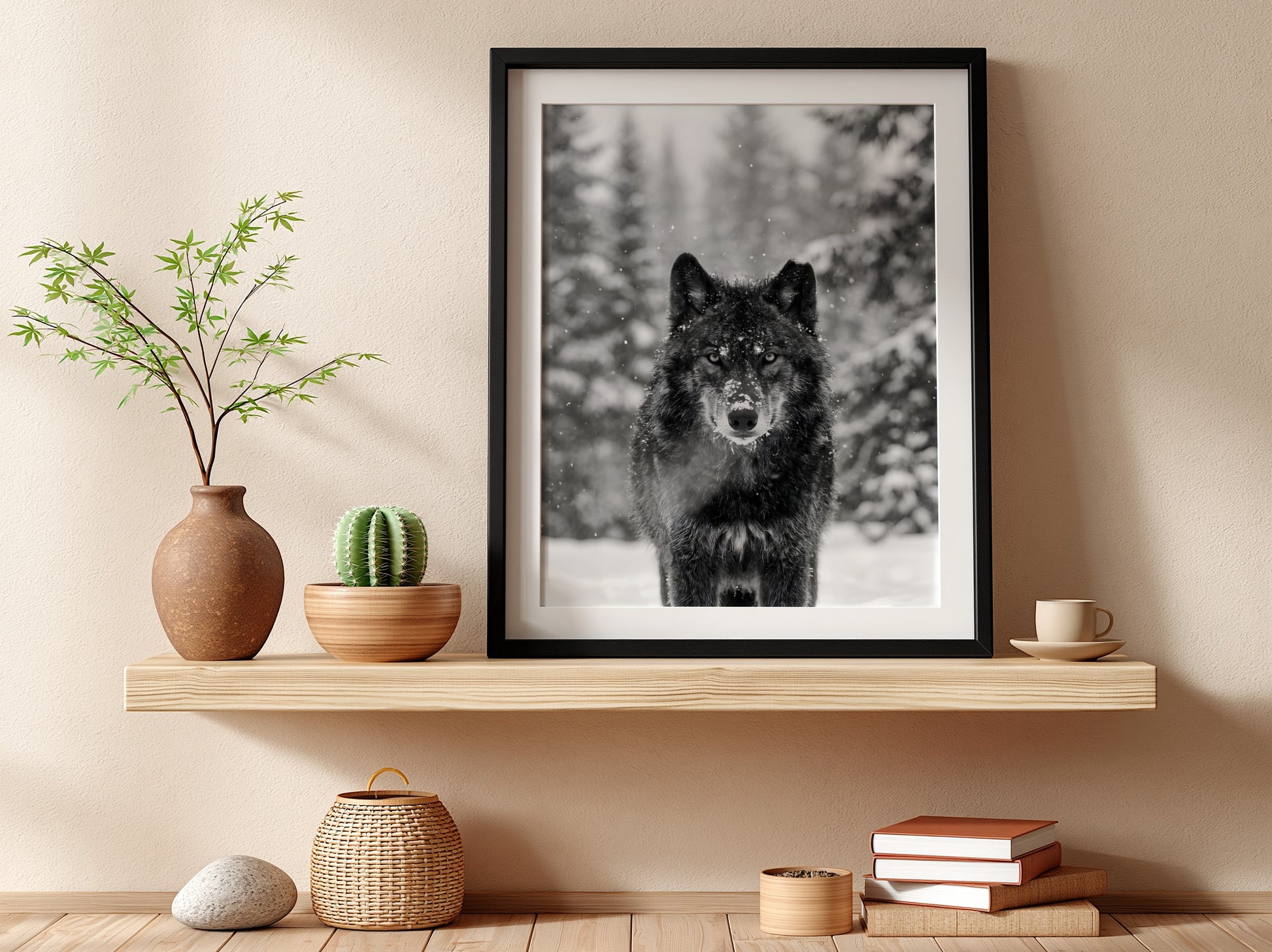 black and white wall decor featuring wolf staring into camera snowy forest background