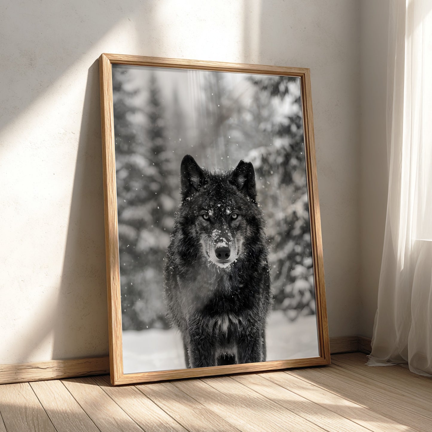 black and white wall decor featuring wolf staring into camera snowy forest background