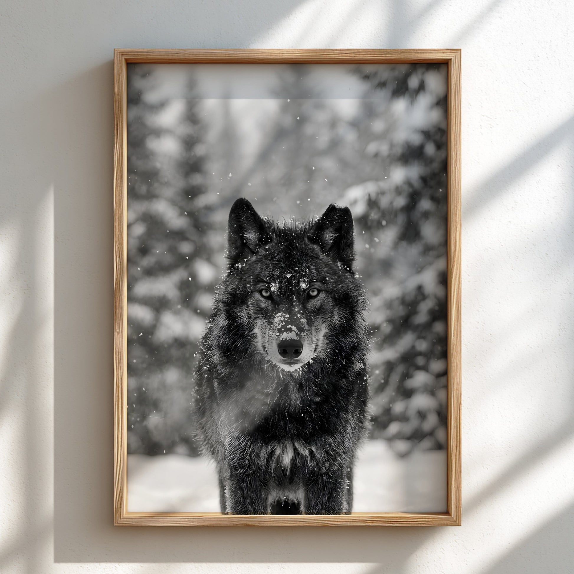 black and white wall decor featuring wolf staring into camera snowy forest background