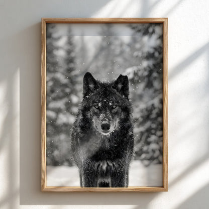 black and white wall decor featuring wolf staring into camera snowy forest background