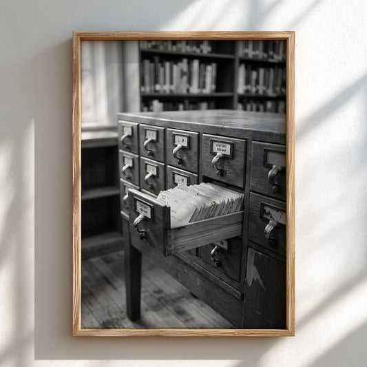 Wooden card catalog cabinet with open drawer and index cards in black and white photo