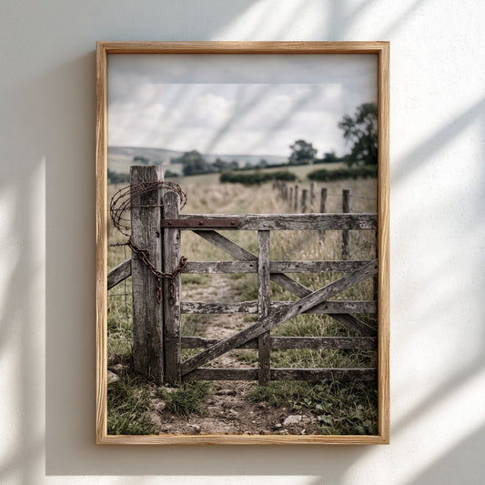 Wooden farm gate wall decor with rustic wood texture, barbed wire, and countryside background