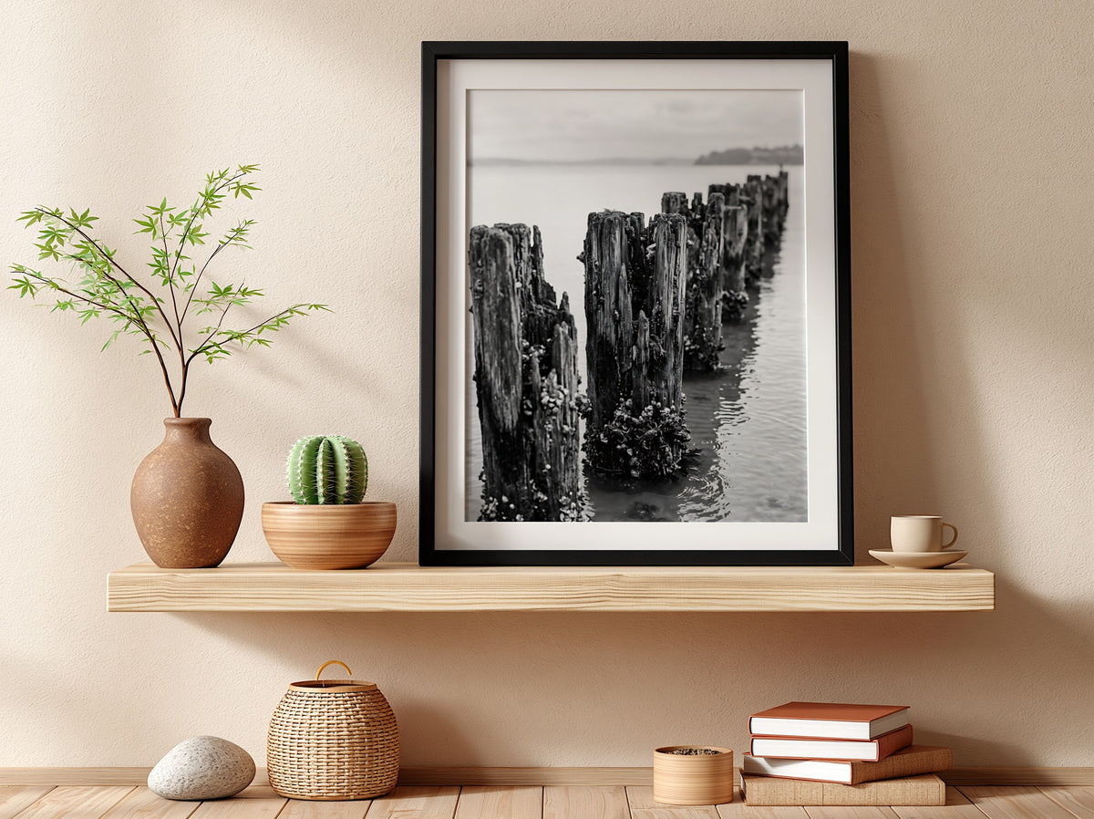 Black and white wall decor photograph of weathered wooden pier pilings in calm water with marine growth