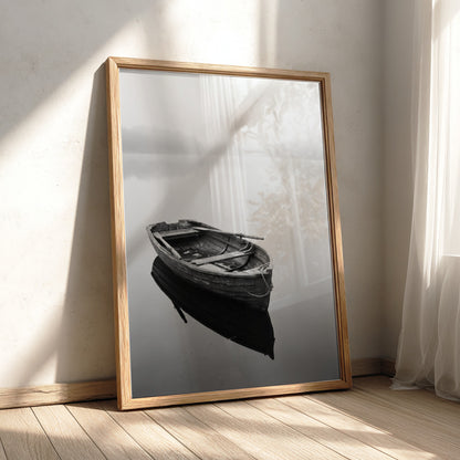 Black and white wall decor featuring a wooden rowing boat floating on calm water with soft reflections