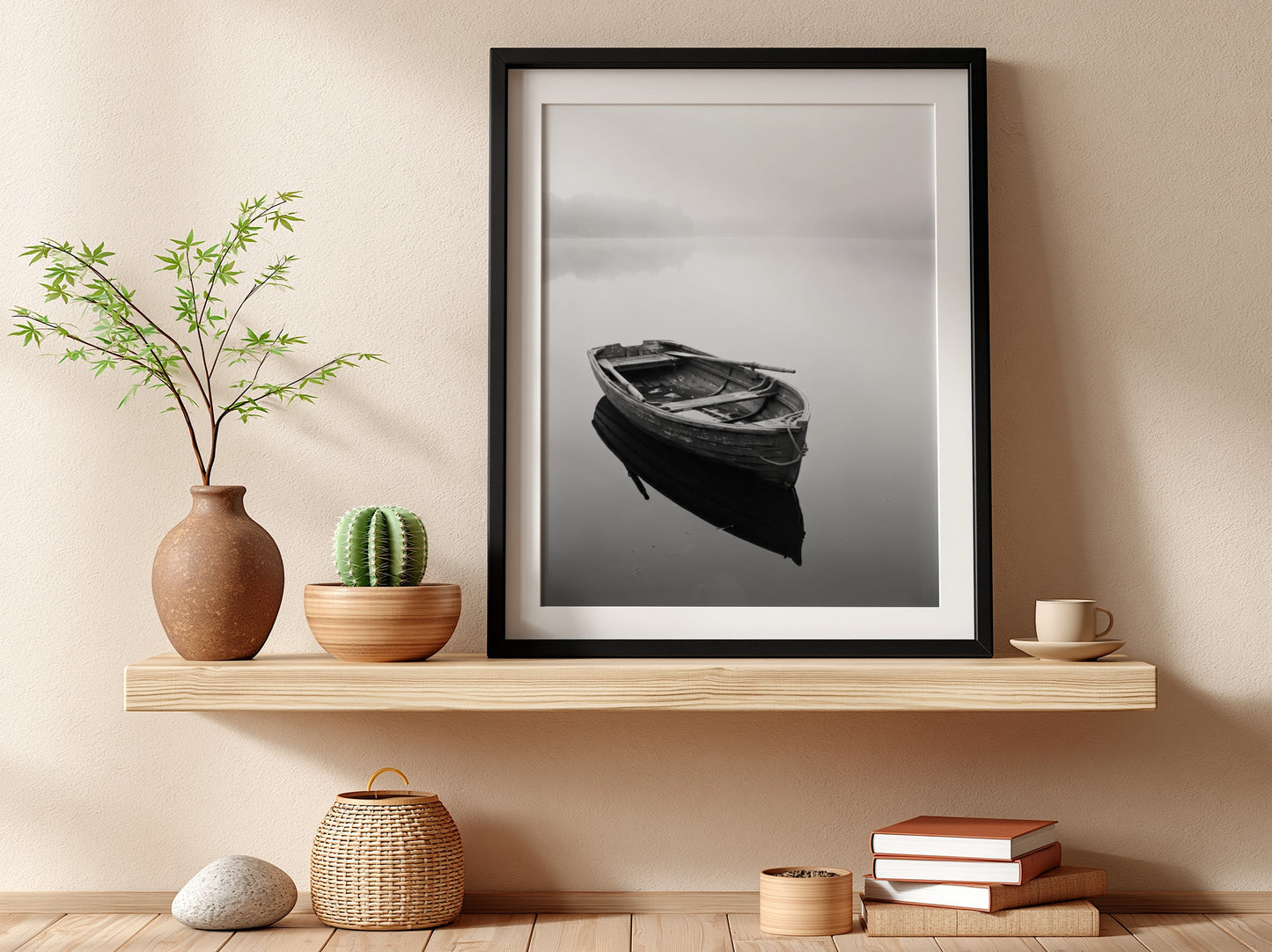 Black and white wall decor featuring a wooden rowing boat floating on calm water with soft reflections