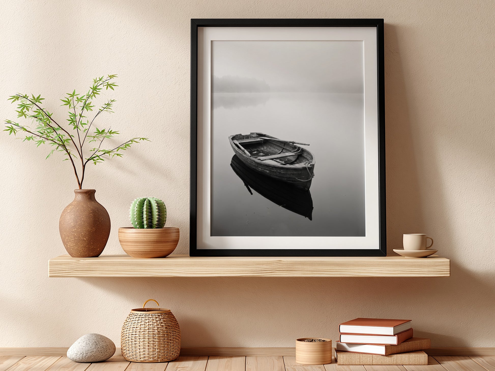 Black and white wall decor featuring a wooden rowing boat floating on calm water with soft reflections