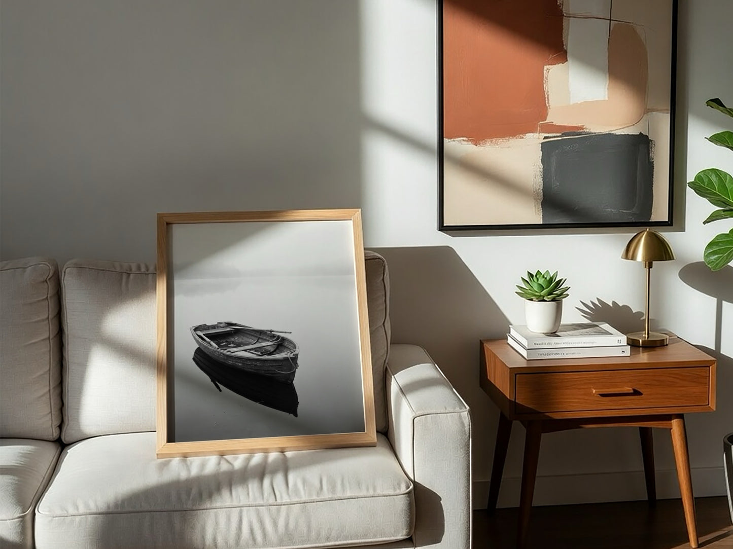 Black and white wall decor featuring a wooden rowing boat floating on calm water with soft reflections