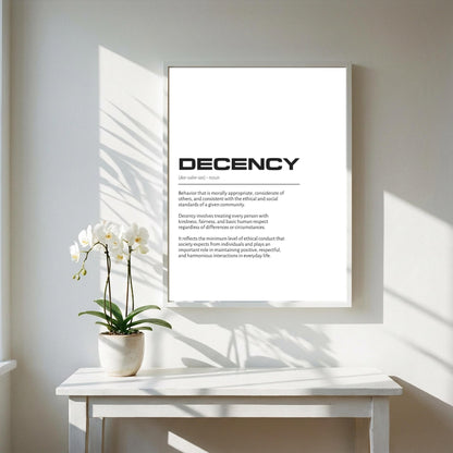 Decency Definition Minimalist Poster | Inspirational Quotes Wall Art | Motivational Office Print | Modern Dictionary Home Decor White