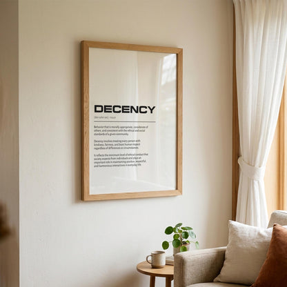 Decency Definition Minimalist Poster | Inspirational Quotes Wall Art | Motivational Office Print | Modern Dictionary Home Decor White