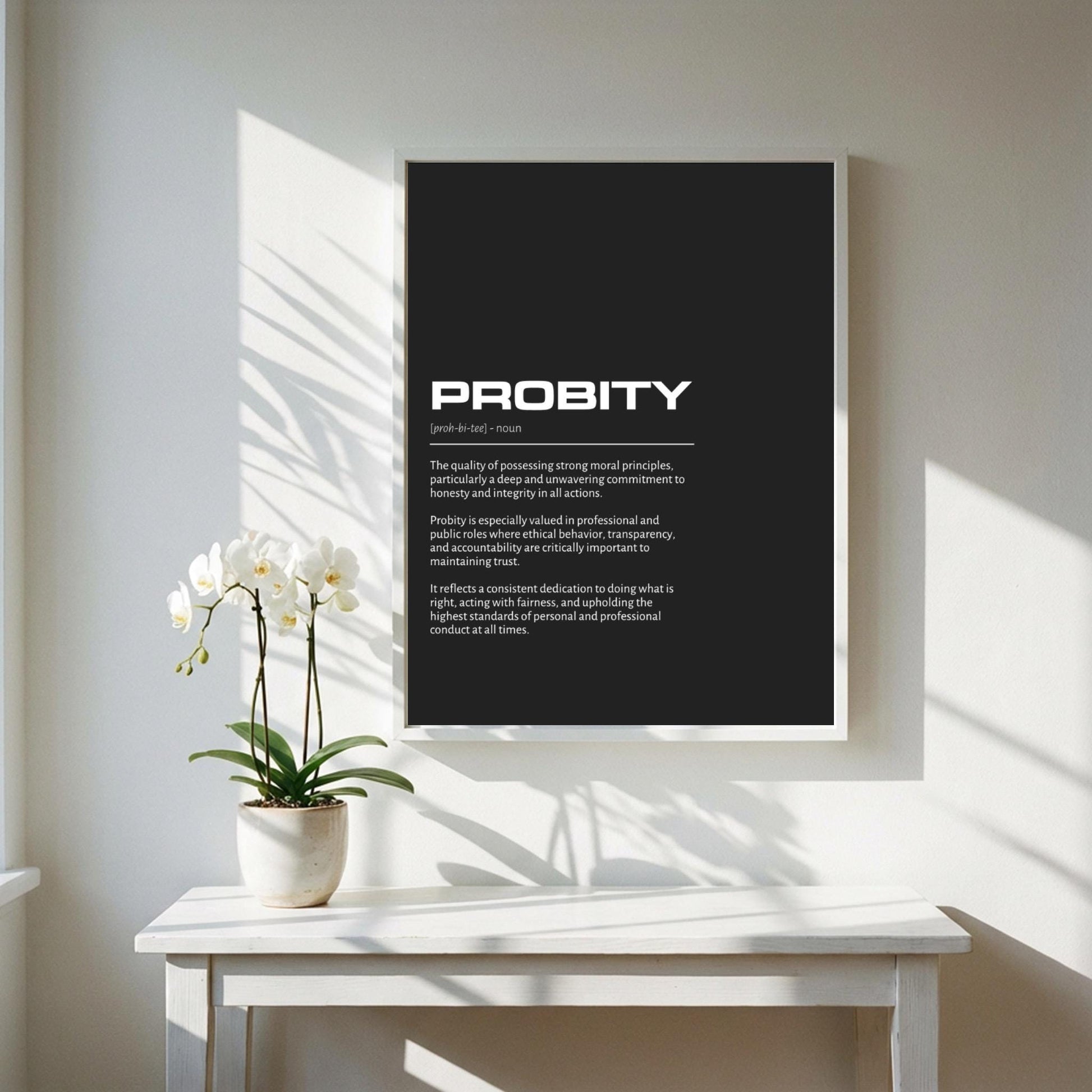 Probity Definition Minimalist Poster | Inspirational Quotes Wall Art | Motivational Office Print | Modern Dictionary Home Decor White