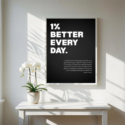 1% Better Every Day Inspirational Minimalist Poster | Growth Mindset Wall Art | Motivational Office Print | Modern Home Decor White