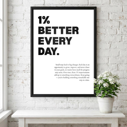 1% Better Every Day Inspirational Minimalist Poster | Growth Mindset Wall Art | Motivational Office Print | Modern Home Decor White