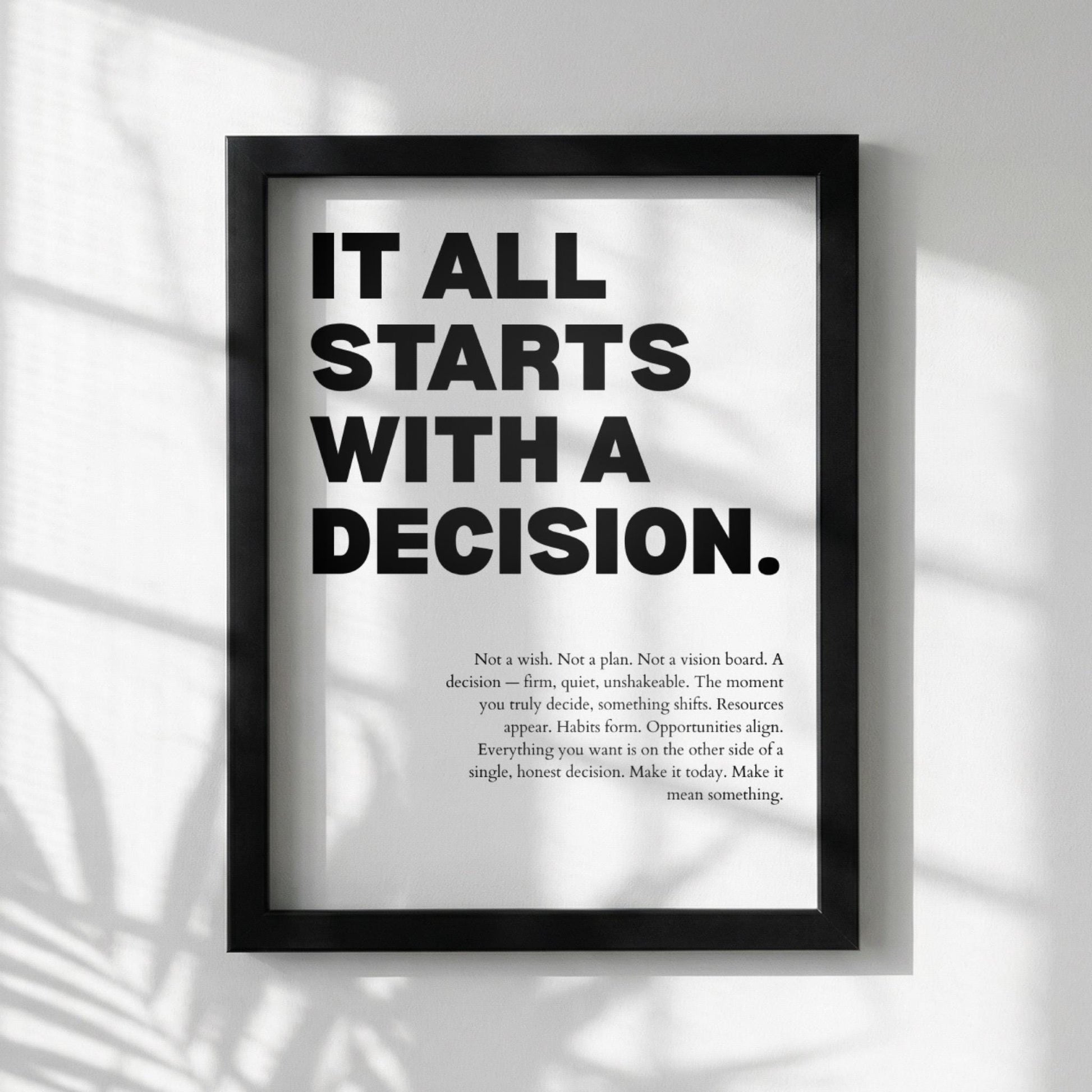 It All Starts With A Decision Inspirational Minimalist Poster | Action & Momentum Wall Art | Motivational Office Print | Modern White Home Decor