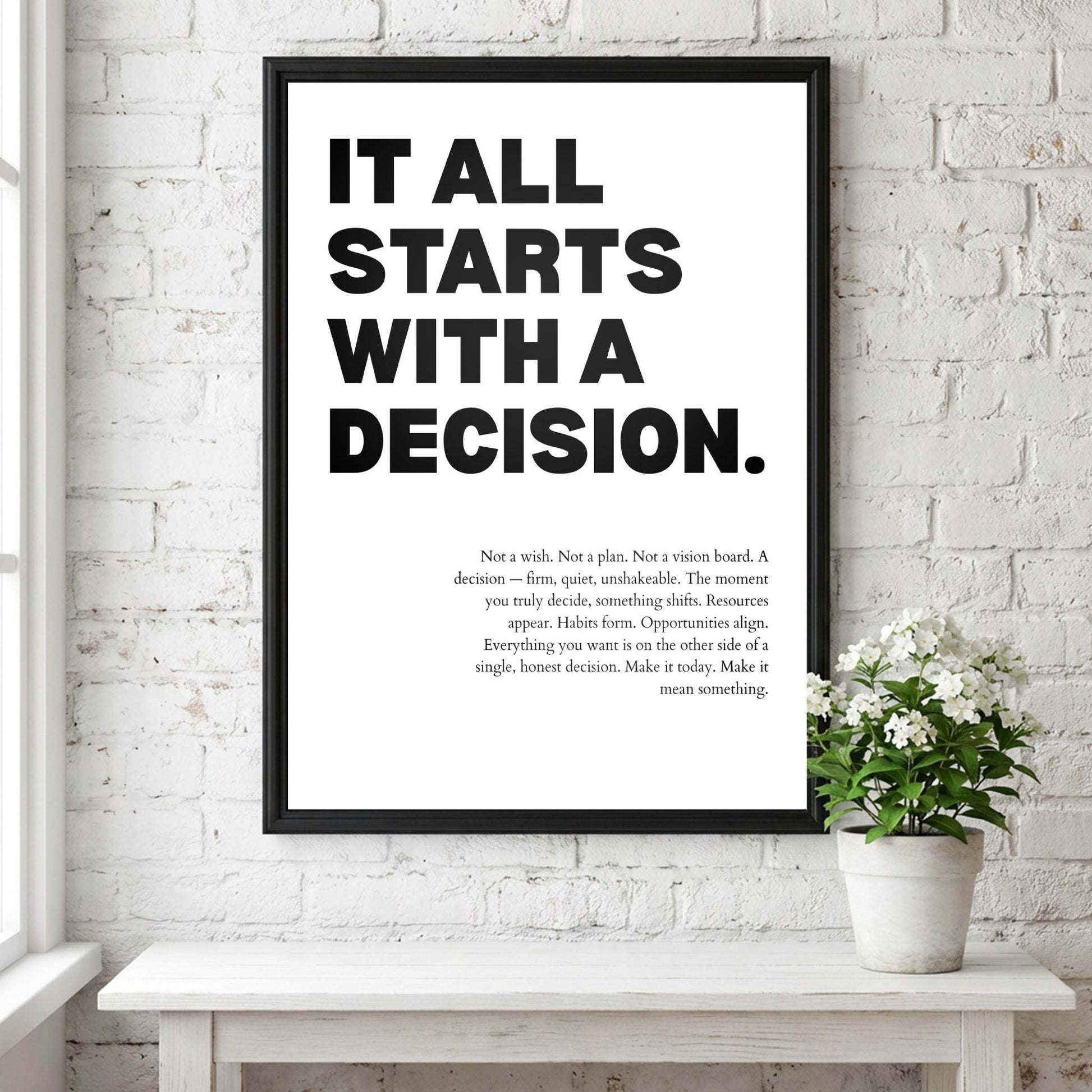 It All Starts With A Decision Inspirational Minimalist Poster | Action & Momentum Wall Art | Motivational Office Print | Modern White Home Decor