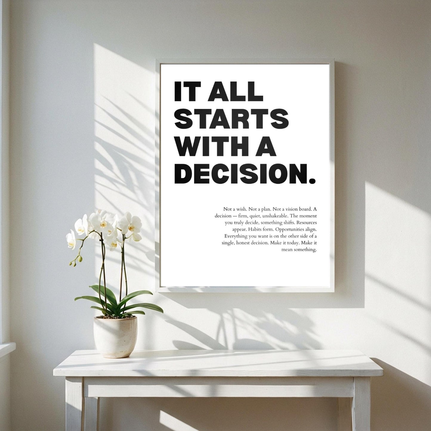 It All Starts With A Decision Inspirational Minimalist Poster | Action & Momentum Wall Art | Motivational Office Print | Modern White Home Decor